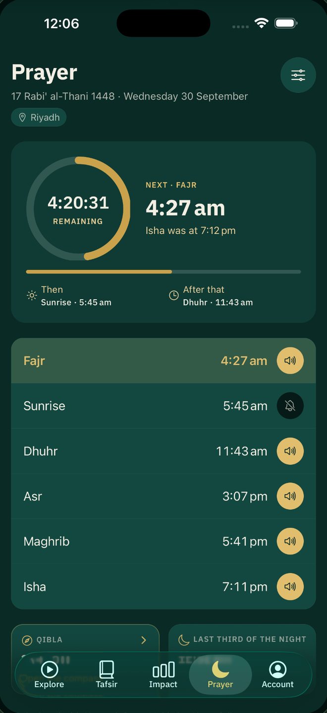 The Prayer tab in English — today's five times for the chosen city, the next prayer with its countdown, and the Hijri date.