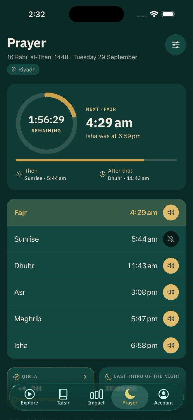 The Prayer tab in English — today's five times for the chosen city, the next prayer with its countdown, and the Hijri date.