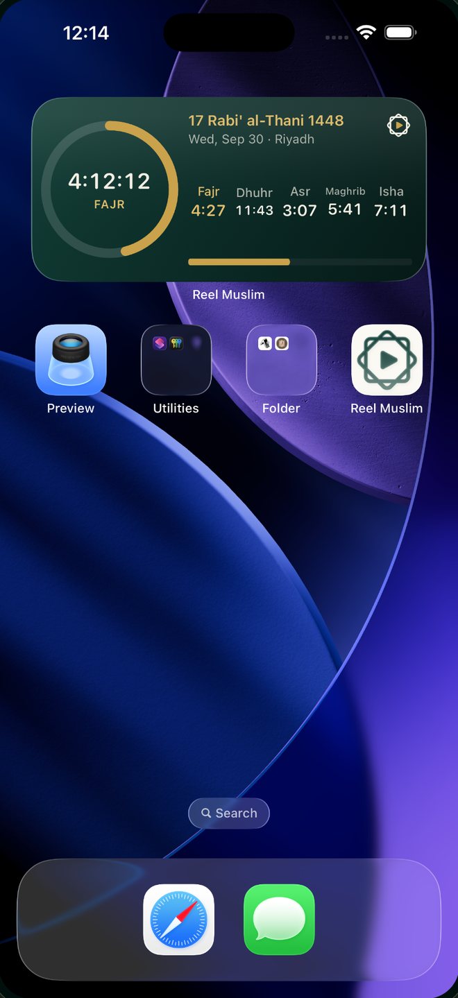 An iPhone home screen with the Reel Muslim widget — the next prayer with its countdown ring and today's five times.